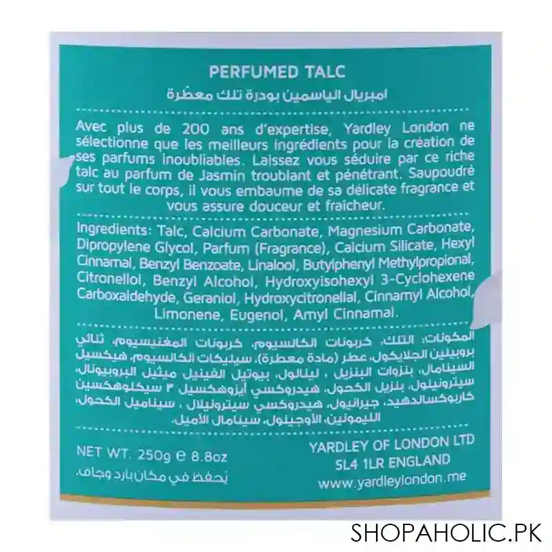 yardley imperial jasmine perfumed talcum powder, 250g image3